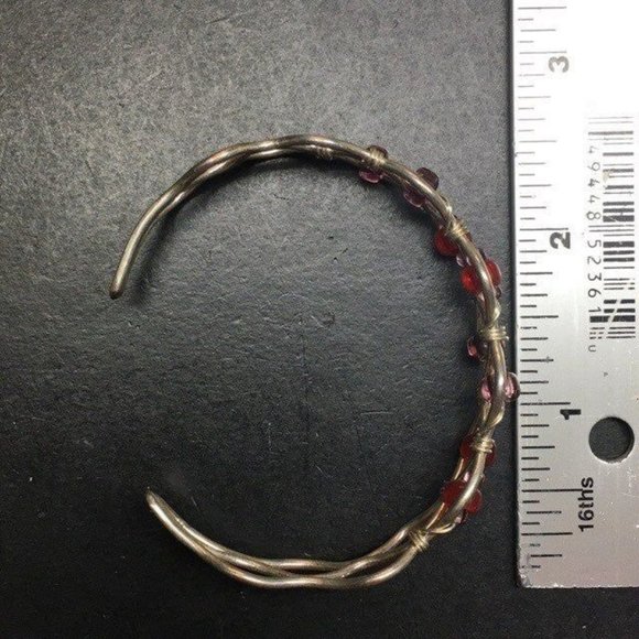 Woven Cuff Bracelet Silver Wire Red Amber Translucent Retro Boho Soft Girl - Picture 4 of 4